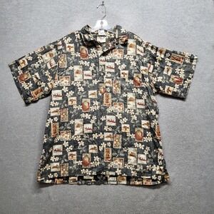 VINTAGE Go Barefoot Men Button Up Shirt XL Beige Floral Pineapple Hula Girl USA